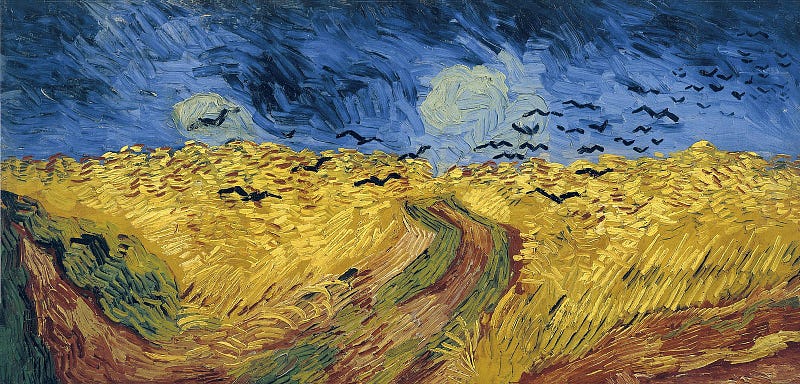 A bright wheatfield under a dark sky with crows.