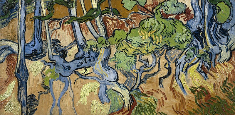 A colorful painting of tree roots.