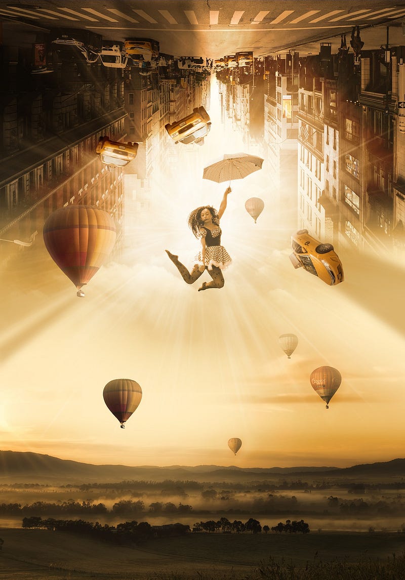 A waitress holding umbrella with a city street above her in the sky and below her a field with hot air balloons and cars floating in the air around her.