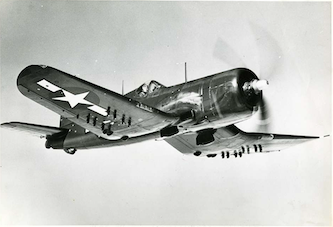 A World War II plane, the Corsair, in flight.