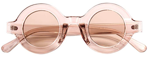 Sunglasses with pink frame and brown lens.