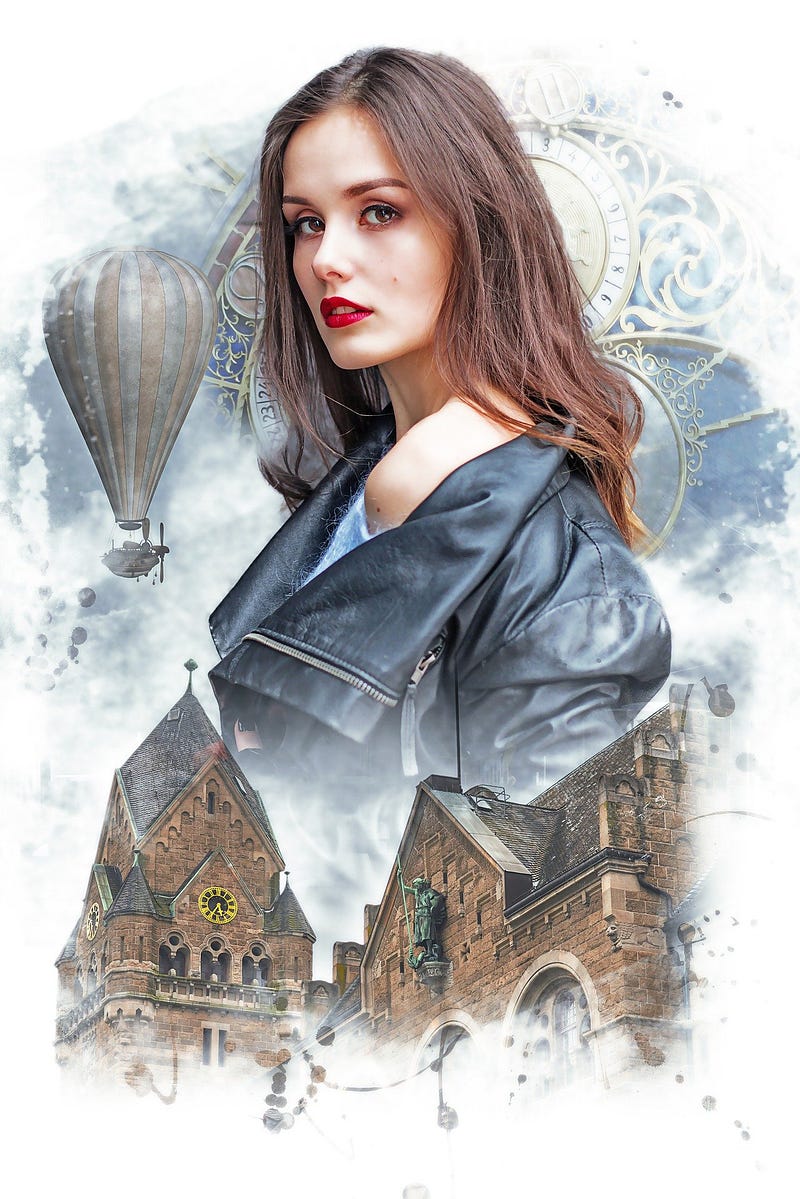 Beautiful woman with leather jacket overlaid on a sky with hot air balloons and an English university building.