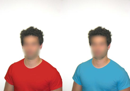 Same man with obscured face in red shirt and blue shirt.