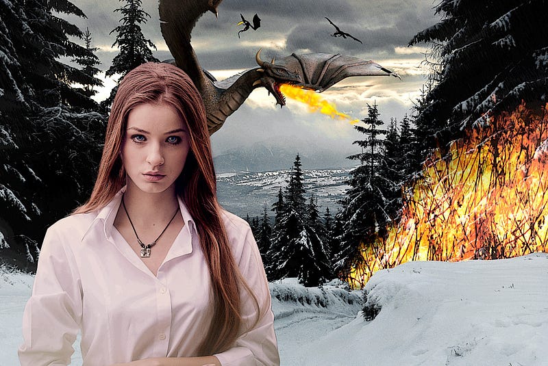 Woman in distress with dragon in background blowing fire that's catching a forest on fire.