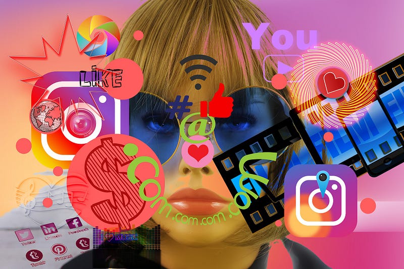 Woman surrounded by social media, film and money icons.