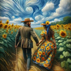 Dramatic rendition of VIncent van Gogh and woman walking hand in hand in wheat field.